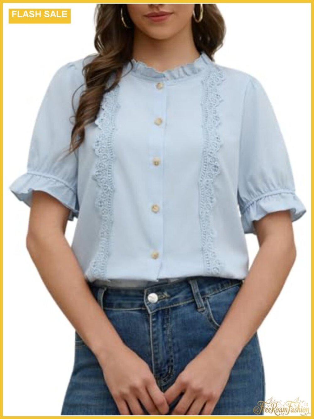 Lace Ruffle Collar Button Down Shirt Short Sleeve Summer Blouse